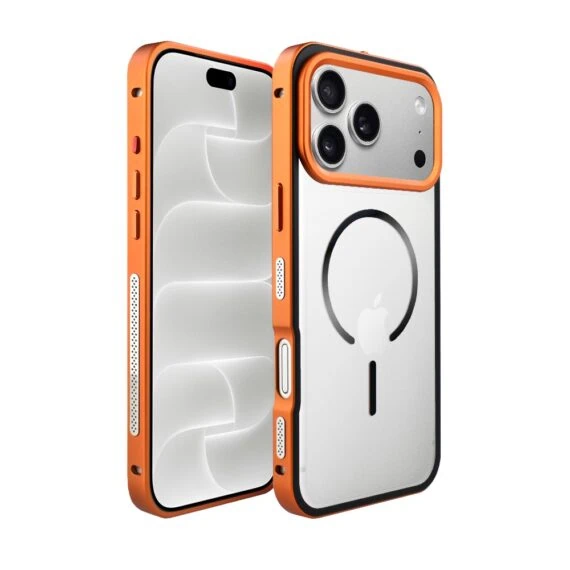 etui do iphone 18 pro metal defender, metalowa ramka z magsafe, pomarańczowe