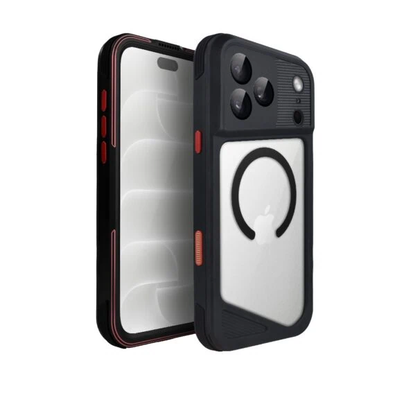 etui do iphone 18 pro total protect z magsafe, wodoodporne, metalowe, przeźroczyste, czarne