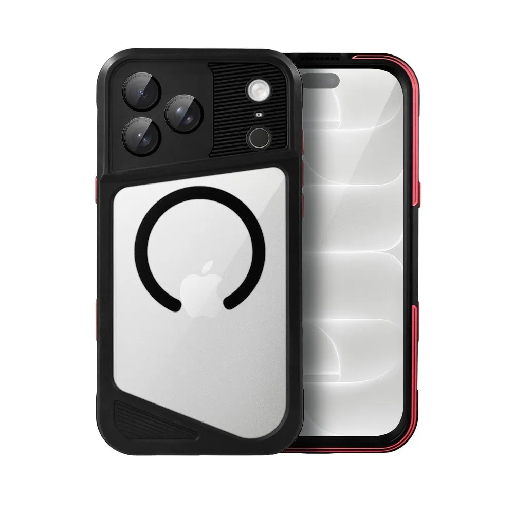 etui do iphone 18 pro total protect z magsafe, wodoodporne, metalowe, przeźroczyste, czarne