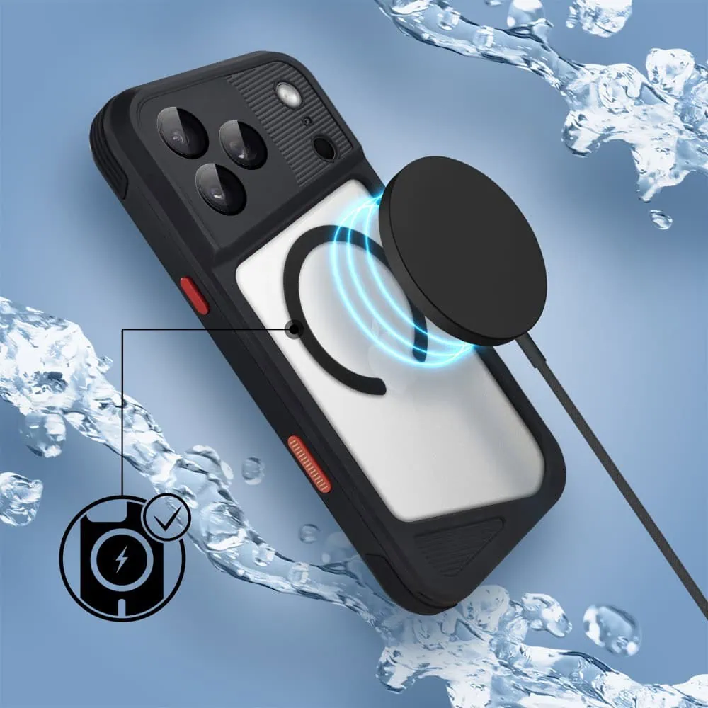etui do iphone 18 pro total protect z magsafe, wodoodporne, metalowe, przeźroczyste, czarne