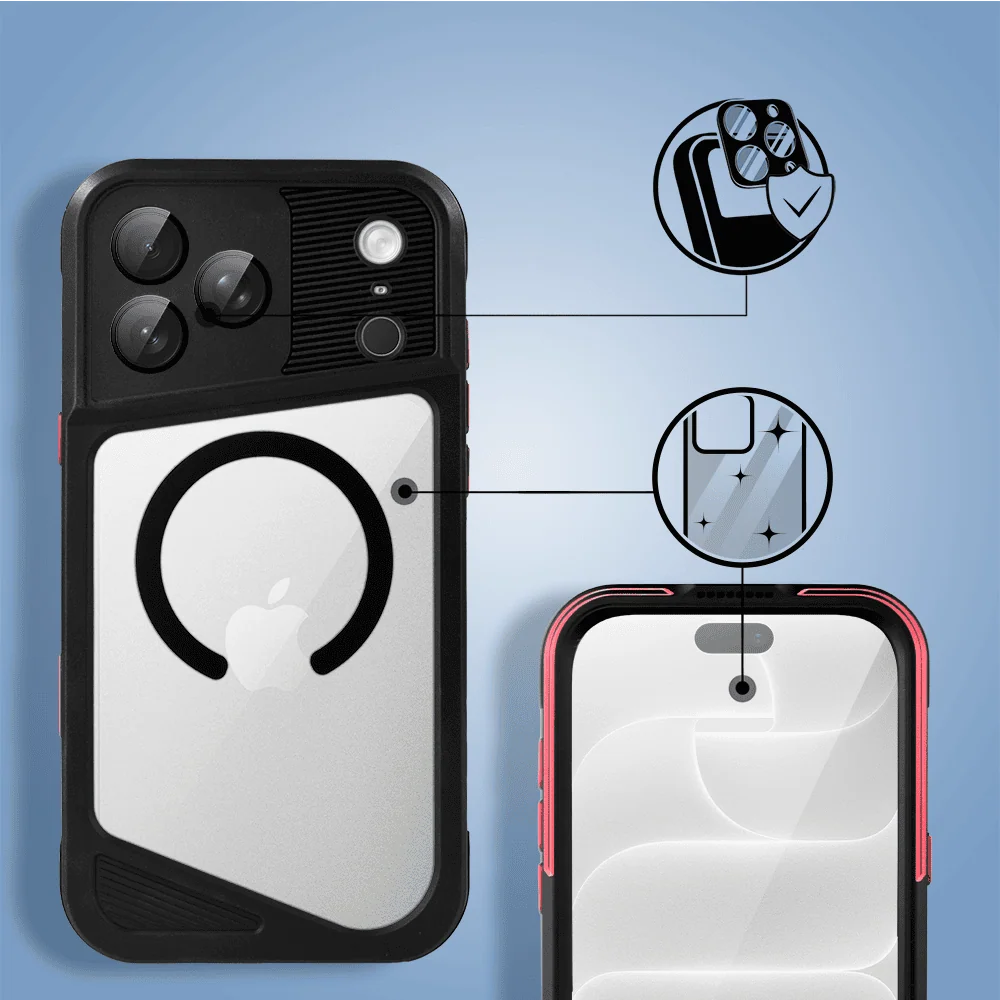 etui do iphone 18 pro total protect z magsafe, wodoodporne, metalowe, przeźroczyste, czarne