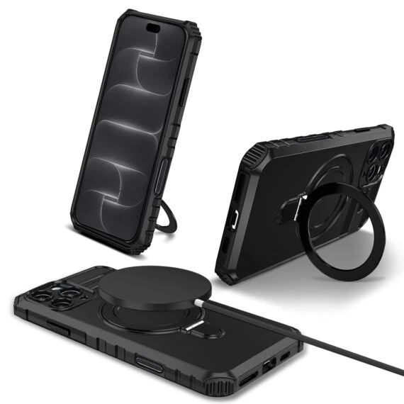 etui do iphone 18 pro, pancerne, z osłoną aparatu i metalową podstawką magsafe, czarne