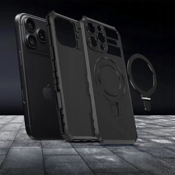 etui do iphone 18 pro, pancerne, z osłoną aparatu i metalową podstawką magsafe, czarne