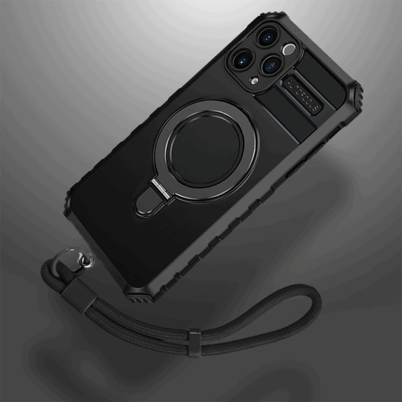 etui do iphone 18 pro, pancerne, z osłoną aparatu i metalową podstawką magsafe, czarne