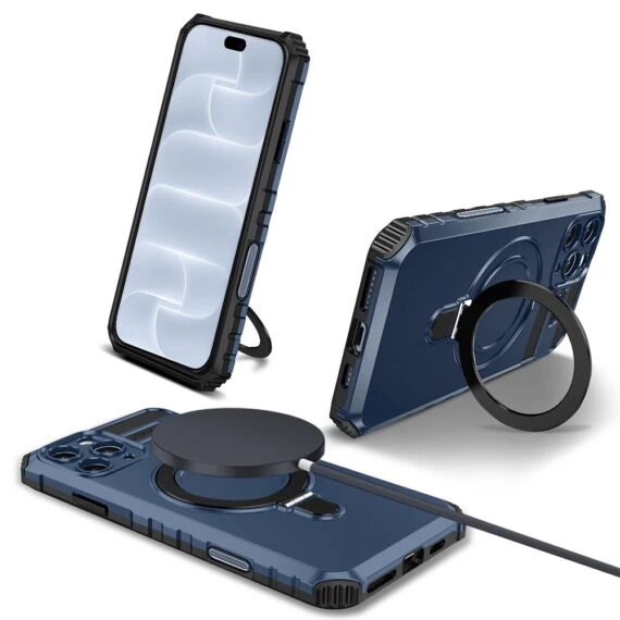 etui do iphone 18 pro, pancerne, z osłoną aparatu i metalową podstawką magsafe, granatowe