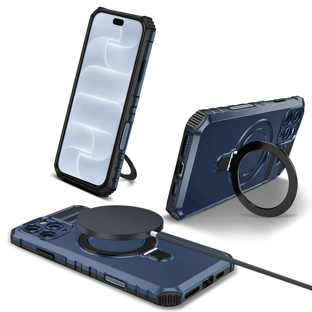 etui do iphone 18 pro, pancerne, z osłoną aparatu i metalową podstawką magsafe, granatowe