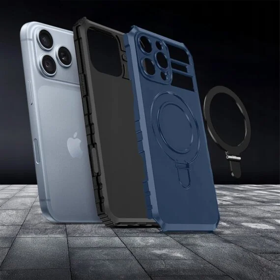 etui do iphone 18 pro, pancerne, z osłoną aparatu i metalową podstawką magsafe, granatowe