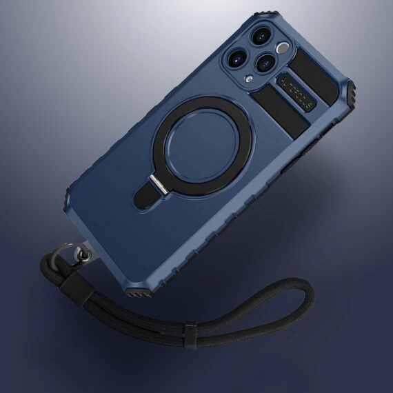etui do iphone 18 pro, pancerne, z osłoną aparatu i metalową podstawką magsafe, granatowe