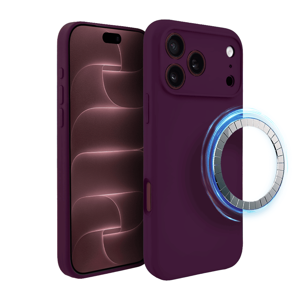 etui do iphone 18 pro, silikonowe z magsafe, mikrofibra soft touch z osłoną na aparat, burgundowe