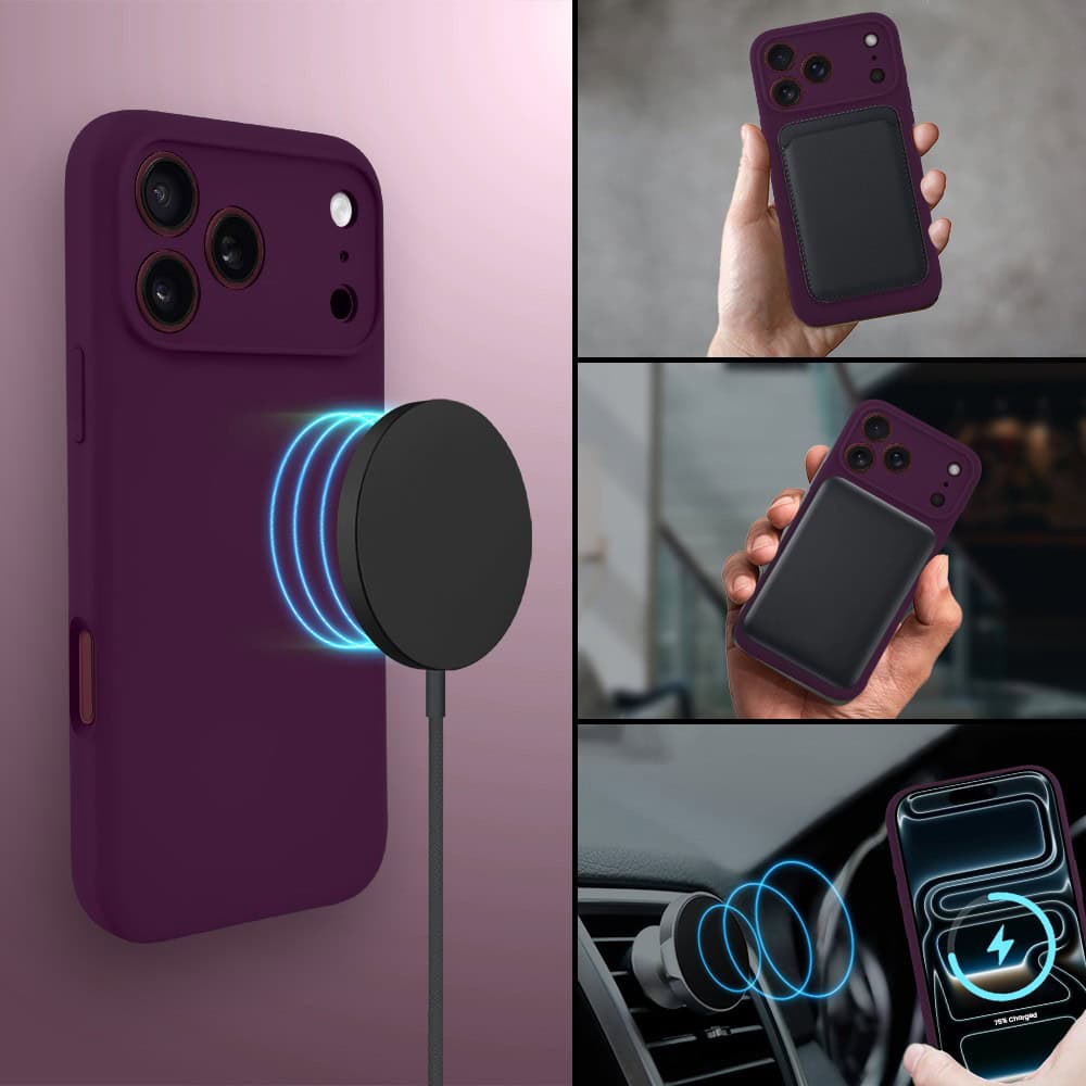 etui do iphone 18 pro, silikonowe z magsafe, mikrofibra soft touch z osłoną na aparat, burgundowe