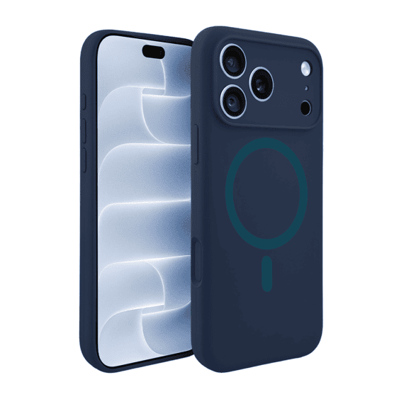 etui do iphone 18 pro, silikonowe z magsafe, mikrofibra soft touch z osłoną na aparat, granatowe