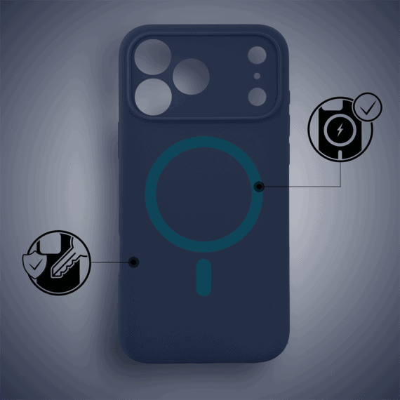 etui do iphone 18 pro, silikonowe z magsafe, mikrofibra soft touch z osłoną na aparat, granatowe