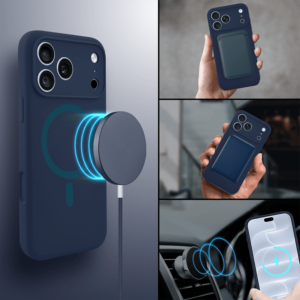 etui do iphone 18 pro, silikonowe z magsafe, mikrofibra soft touch z osłoną na aparat, granatowe