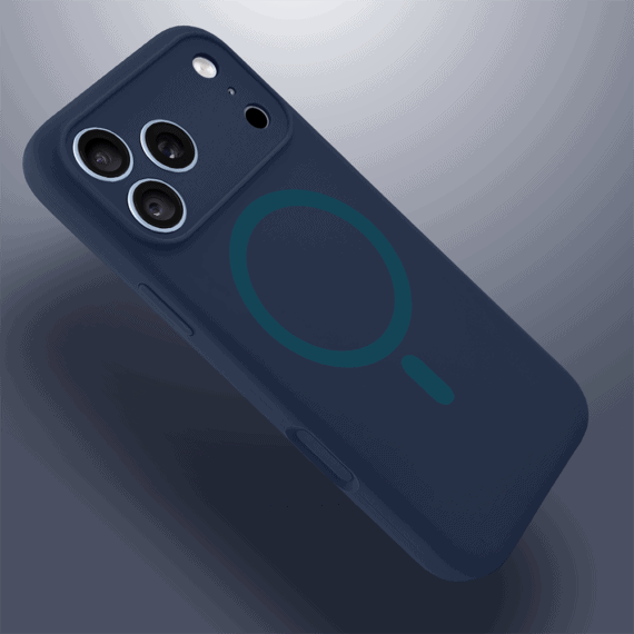etui do iphone 18 pro, silikonowe z magsafe, mikrofibra soft touch z osłoną na aparat, granatowe