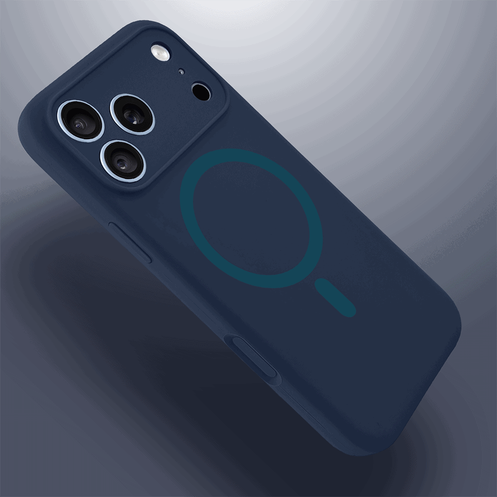 etui do iphone 18 pro, silikonowe z magsafe, mikrofibra soft touch z osłoną na aparat, granatowe