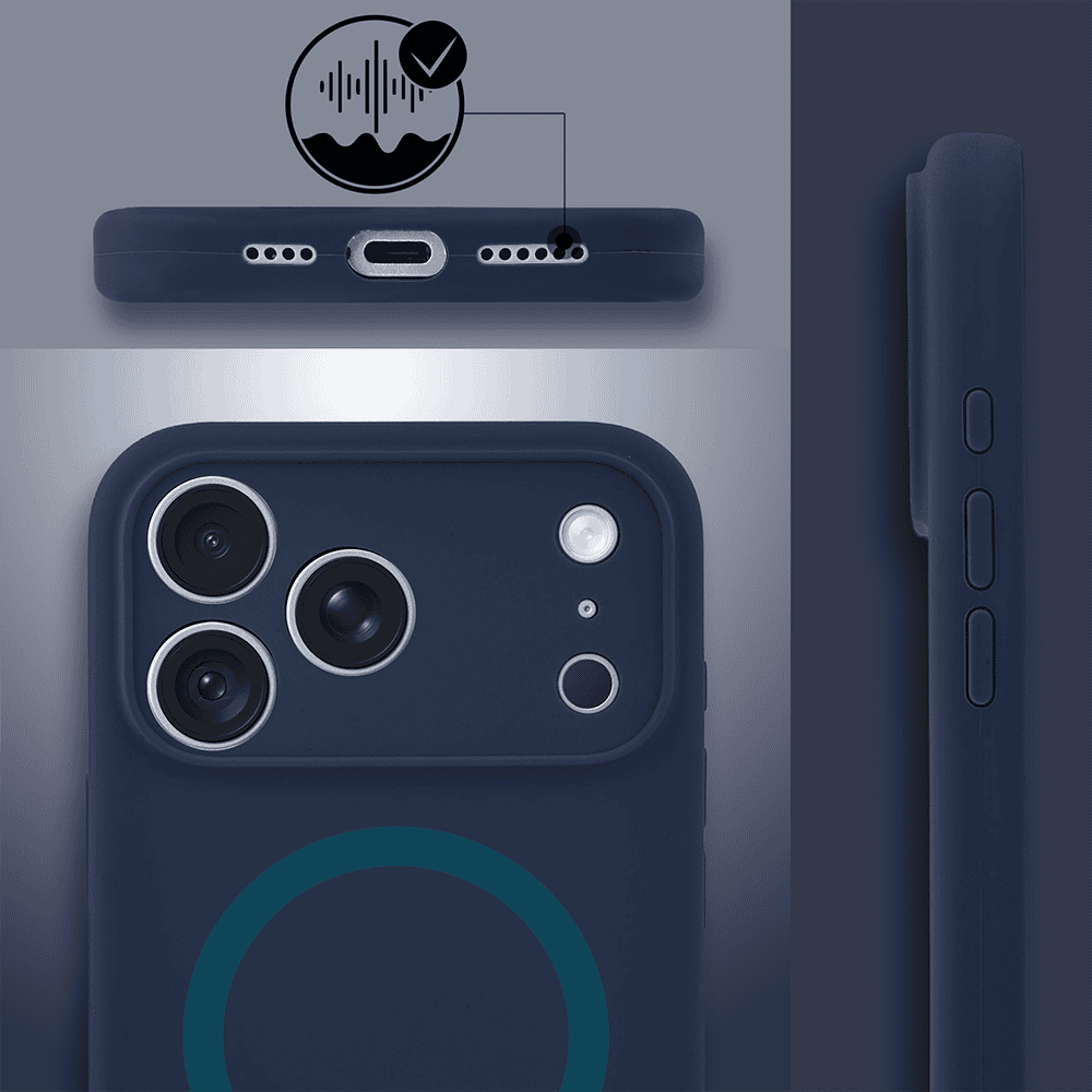 etui do iphone 18 pro, silikonowe z magsafe, mikrofibra soft touch z osłoną na aparat, granatowe