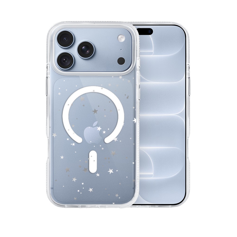 etui do iphone 18 pro z magsafe, srebrne gwiazdki, przeźroczyste