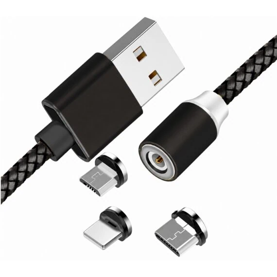kabel magnetyczny 3w1, usb na micro usb, lightning , usb typ c, 1 metr, czarny