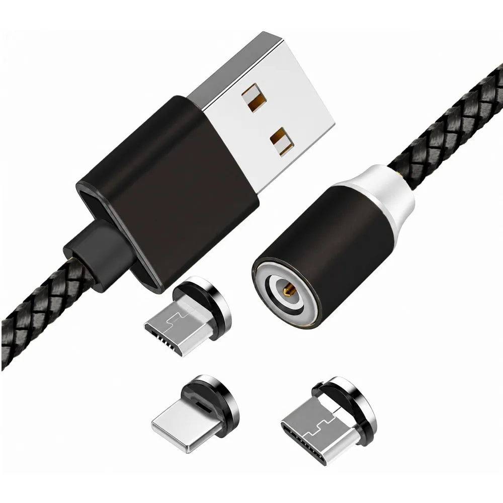 kabel magnetyczny 3w1, usb na micro usb, lightning , usb typ c, 1 metr, czarny