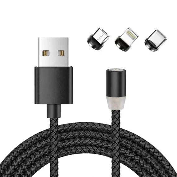 kabel magnetyczny 3w1, usb na micro usb, lightning , usb typ c, 1 metr, czarny