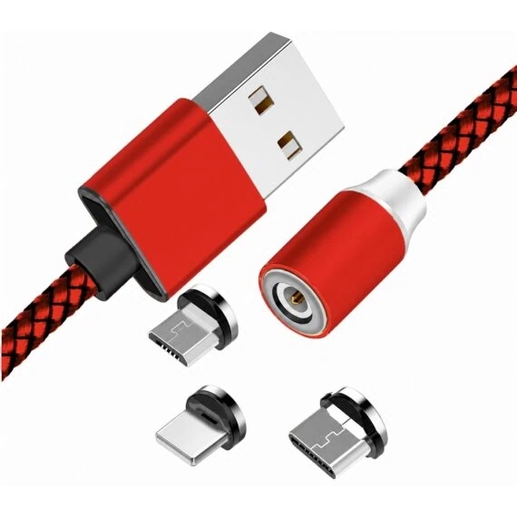 kabel magnetyczny 3w1, usb na micro usb, lightning , usb typ c, 1 metr, czerwony
