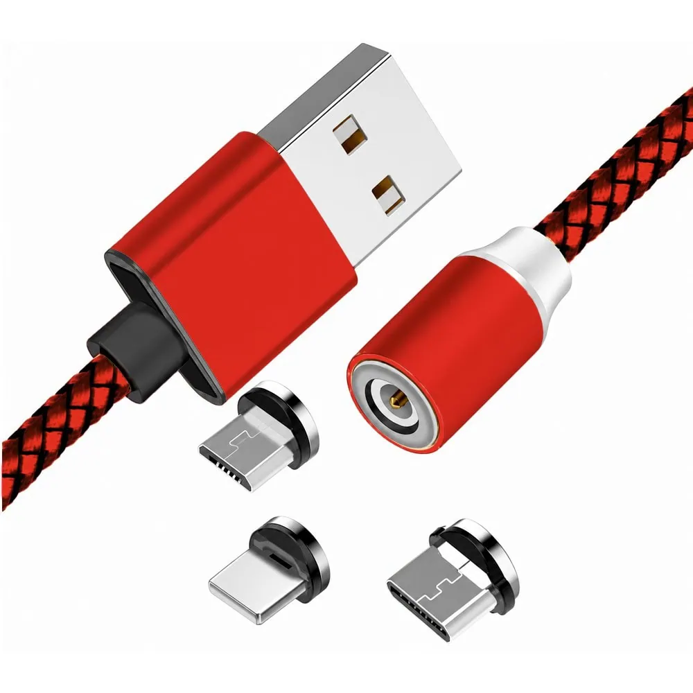 kabel magnetyczny 3w1, usb na micro usb, lightning , usb typ c, 1 metr, czerwony