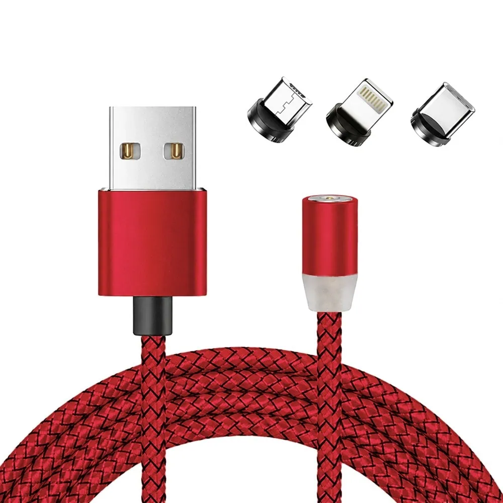 Kabel magnetyczny 3w1, USB – na micro USB, Lightning, USB Typ C, 1 metr, czerwony