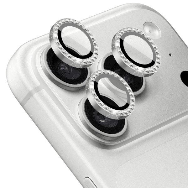 Luksusowa diamentowa osłona obiektywów, szkło na aparat iPhone 18 Pro, srebrna