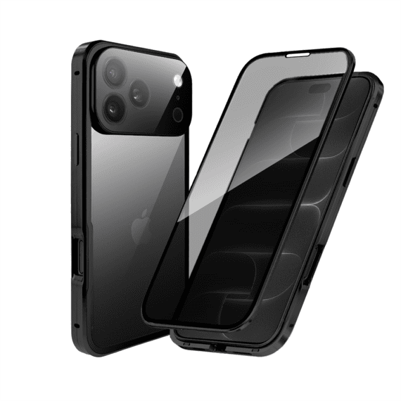 obudowa do iphone 18 pro max, podwójna szyba i aluminium 360° przód + tył magnetyczna, z osłoną aparatu i szkłem prywatyzującym, czarna