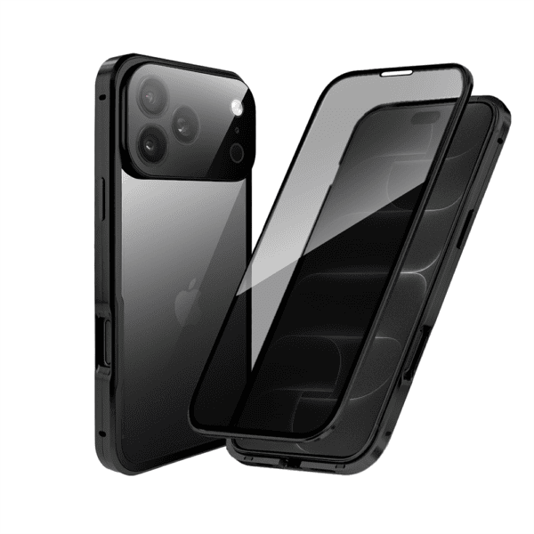 Obudowa do iPhone 18 Pro, podwójna szyba i aluminium 360° przód + tył magnetyczna, z osłoną aparatu i szkłem prywatyzującym, czarna