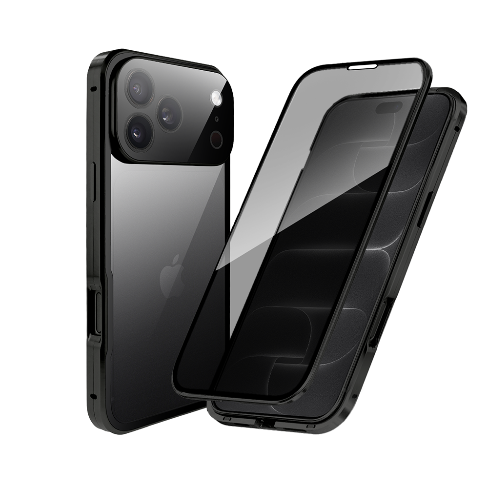obudowa do iphone 18 pro max, podwójna szyba i aluminium 360° przód + tył magnetyczna, z osłoną aparatu i szkłem prywatyzującym, czarna