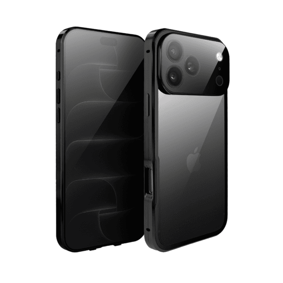 obudowa do iphone 18 pro max, podwójna szyba i aluminium 360° przód + tył magnetyczna, z osłoną aparatu i szkłem prywatyzującym, czarna