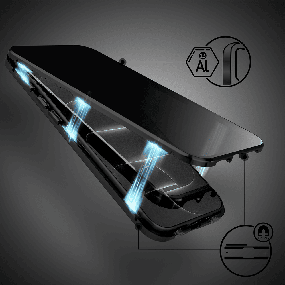 Obudowa do iPhone 18 Pro Max, podwójna szyba i aluminium 360° przód + tył magnetyczna, z osłoną aparatu i szkłem prywatyzującym, czarna (5) obudowa do iphone 18 pro max, podwójna szyba i aluminium 360° przód + tył magnetyczna, z osłoną aparatu i szkłem prywatyzującym, czarna