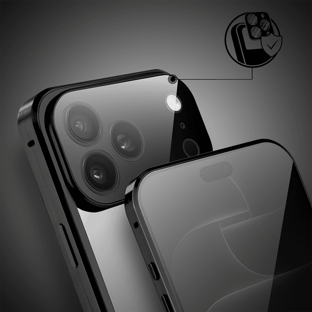 Obudowa do iPhone 18 Pro Max, podwójna szyba i aluminium 360° przód + tył magnetyczna, z osłoną aparatu i szkłem prywatyzującym, czarna (8) obudowa do iphone 18 pro max, podwójna szyba i aluminium 360° przód + tył magnetyczna, z osłoną aparatu i szkłem prywatyzującym, czarna