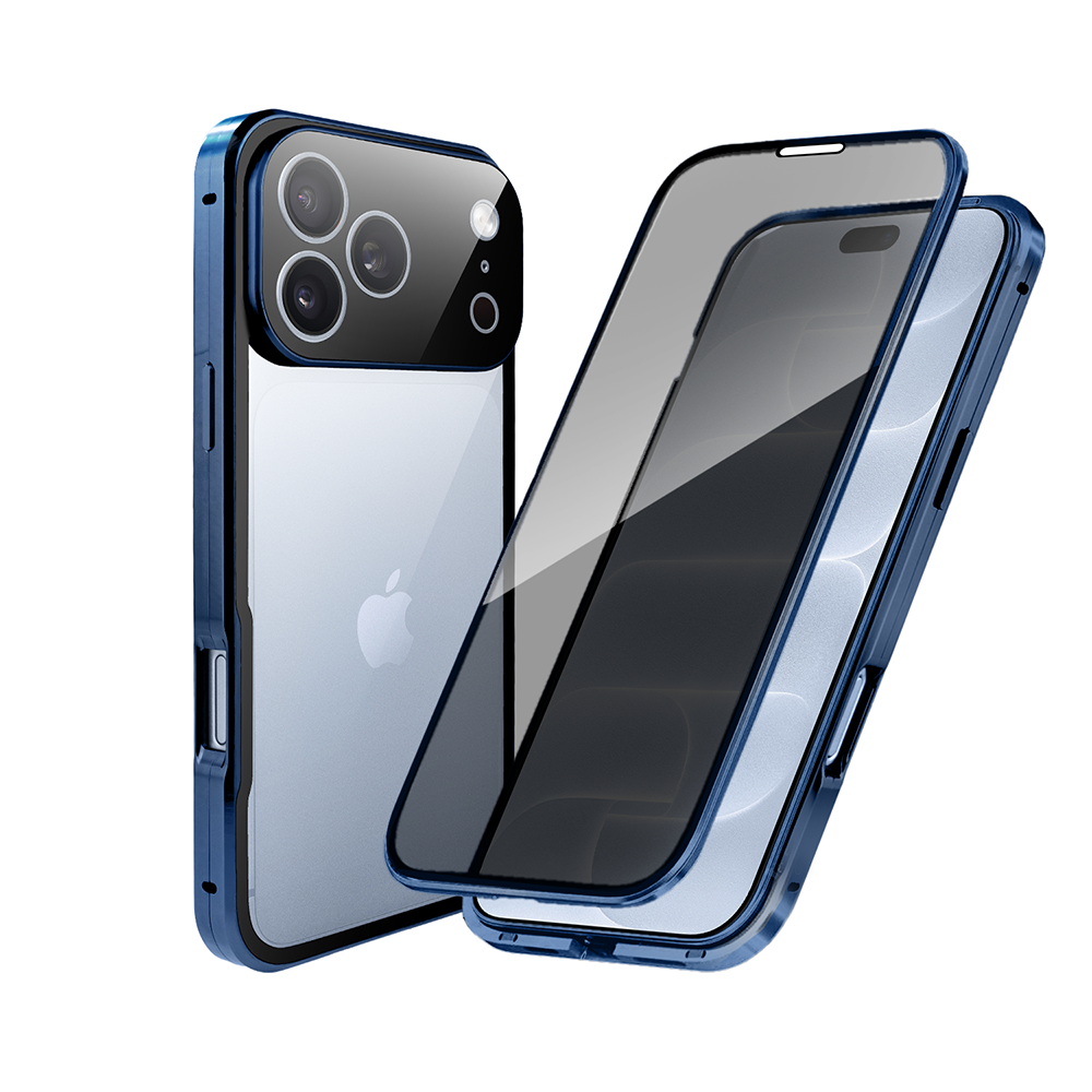 obudowa do iphone 18 pro max, podwójna szyba i aluminium 360° przód + tył magnetyczna, z osłoną aparatu i szkłem prywatyzującym, granatowa