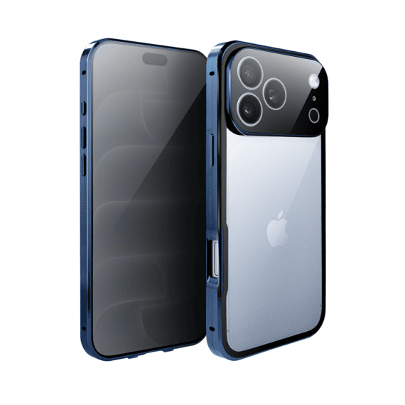 obudowa do iphone 18 pro max, podwójna szyba i aluminium 360° przód + tył magnetyczna, z osłoną aparatu i szkłem prywatyzującym, granatowa
