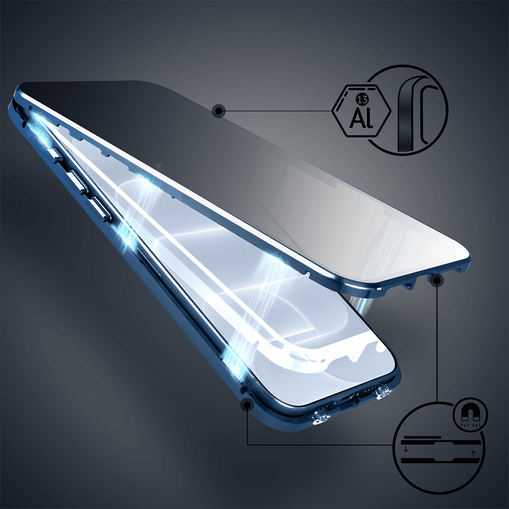 obudowa do iphone 18 pro max, podwójna szyba i aluminium 360° przód + tył magnetyczna, z osłoną aparatu i szkłem prywatyzującym, granatowa