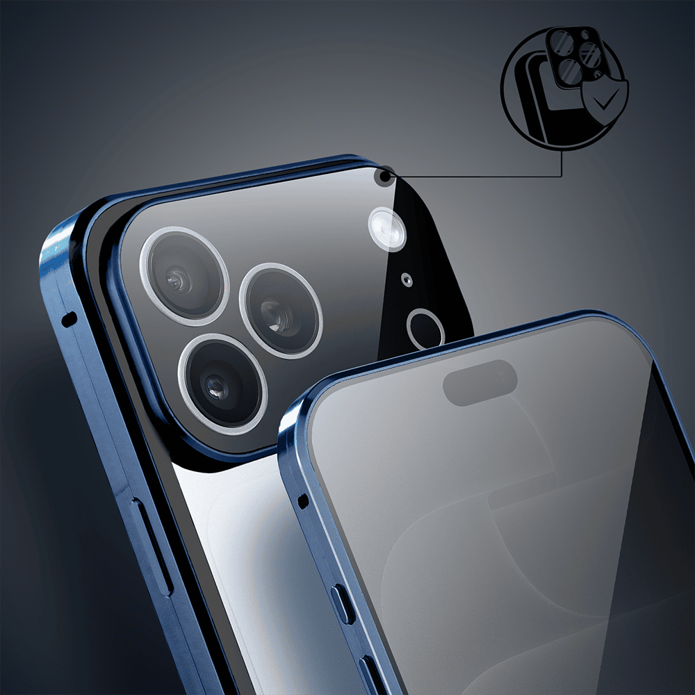 obudowa do iphone 18 pro max, podwójna szyba i aluminium 360° przód + tył magnetyczna, z osłoną aparatu i szkłem prywatyzującym, granatowa