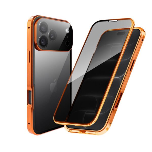Obudowa do iPhone 18 Pro, podwójna szyba i aluminium 360° przód + tył magnetyczna, z osłoną aparatu i szkłem prywatyzującym, pomarańczowa