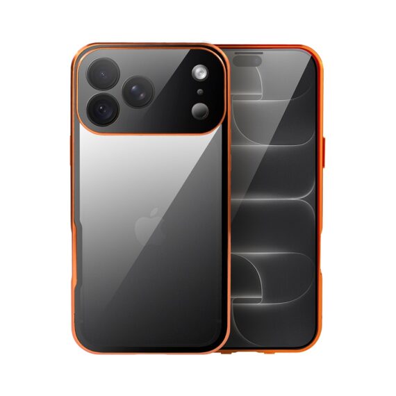 obudowa do iphone 18 pro max, podwójna szyba i aluminium 360° przód + tył magnetyczna, z osłoną aparatu i szkłem prywatyzującym, pomarańczowa