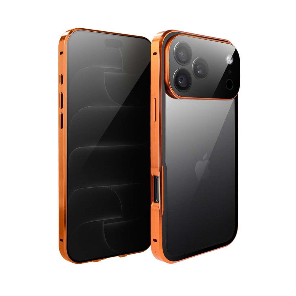 Obudowa do iPhone 18 Pro Max, podwójna szyba i aluminium 360° przód + tył magnetyczna, z osłoną aparatu i szkłem prywatyzującym, pomarańczowa (3) obudowa do iphone 18 pro max, podwójna szyba i aluminium 360° przód + tył magnetyczna, z osłoną aparatu i szkłem prywatyzującym, pomarańczowa