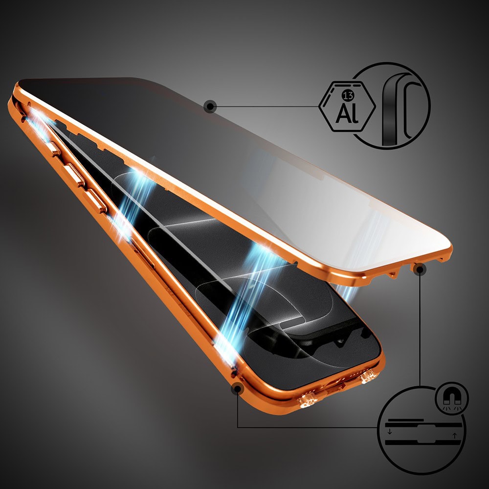 Obudowa do iPhone 18 Pro Max, podwójna szyba i aluminium 360° przód + tył magnetyczna, z osłoną aparatu i szkłem prywatyzującym, pomarańczowa (4) obudowa do iphone 18 pro max, podwójna szyba i aluminium 360° przód + tył magnetyczna, z osłoną aparatu i szkłem prywatyzującym, pomarańczowa