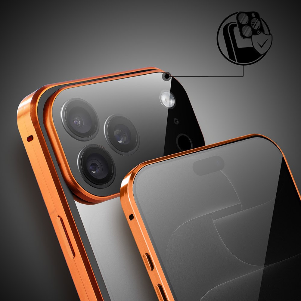 Obudowa do iPhone 18 Pro Max, podwójna szyba i aluminium 360° przód + tył magnetyczna, z osłoną aparatu i szkłem prywatyzującym, pomarańczowa (7) obudowa do iphone 18 pro max, podwójna szyba i aluminium 360° przód + tył magnetyczna, z osłoną aparatu i szkłem prywatyzującym, pomarańczowa