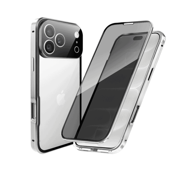 obudowa do iphone 18 pro max, podwójna szyba i aluminium 360° przód + tył magnetyczna, z osłoną aparatu i szkłem prywatyzującym, srebrna