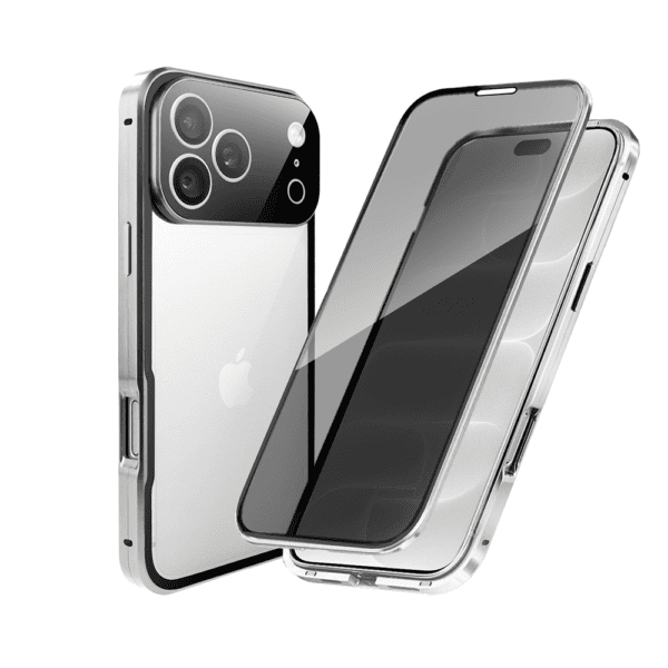 Obudowa do iPhone 18 Pro, podwójna szyba i aluminium 360° przód + tył magnetyczna, z osłoną aparatu i szkłem prywatyzującym, srebrna