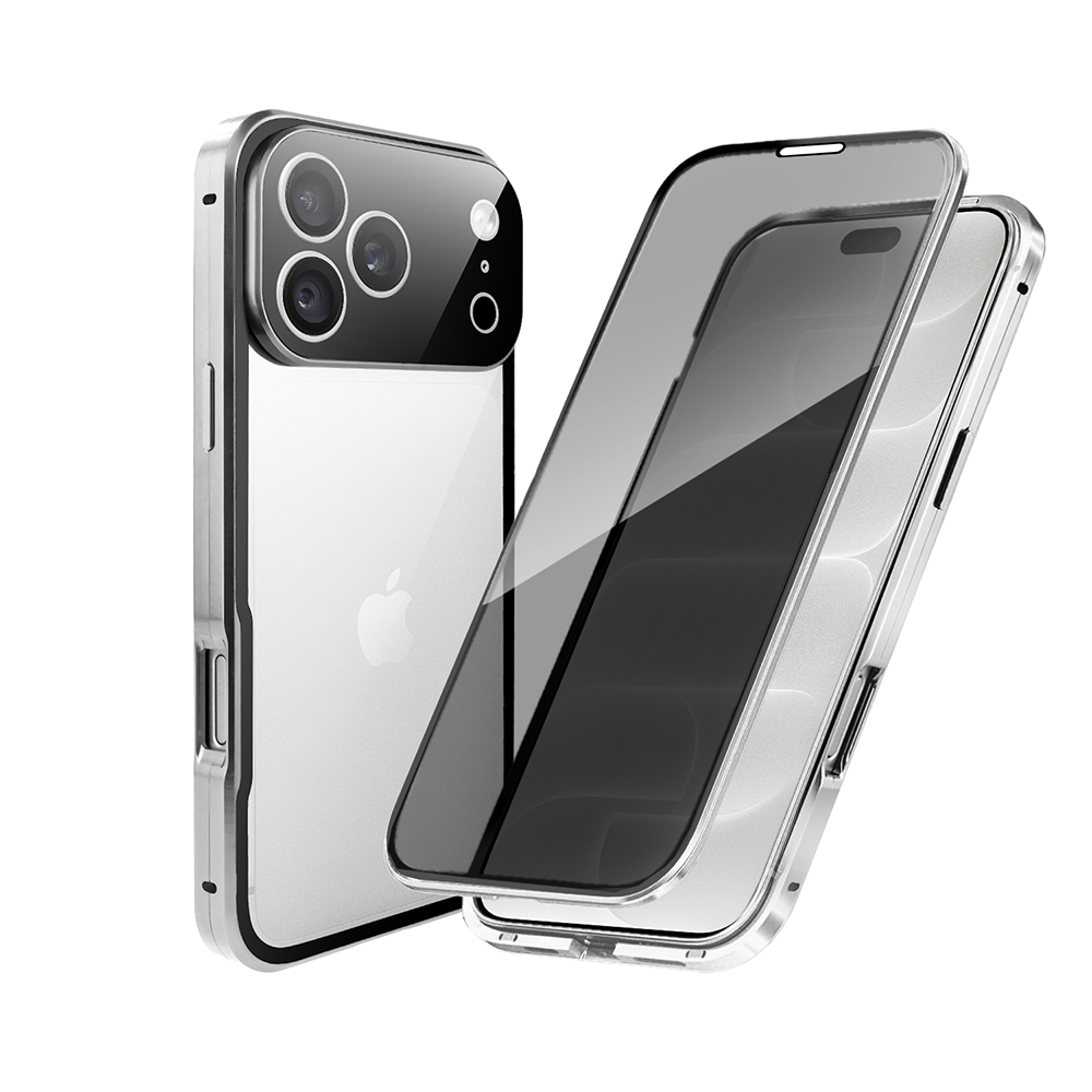 obudowa do iphone 18 pro max, podwójna szyba i aluminium 360° przód + tył magnetyczna, z osłoną aparatu i szkłem prywatyzującym, srebrna