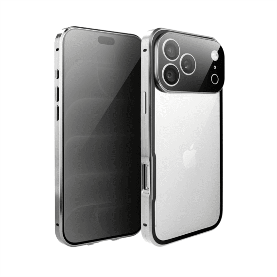 obudowa do iphone 18 pro max, podwójna szyba i aluminium 360° przód + tył magnetyczna, z osłoną aparatu i szkłem prywatyzującym, srebrna