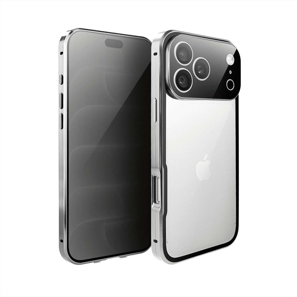 obudowa do iphone 18 pro max, podwójna szyba i aluminium 360° przód + tył magnetyczna, z osłoną aparatu i szkłem prywatyzującym, srebrna