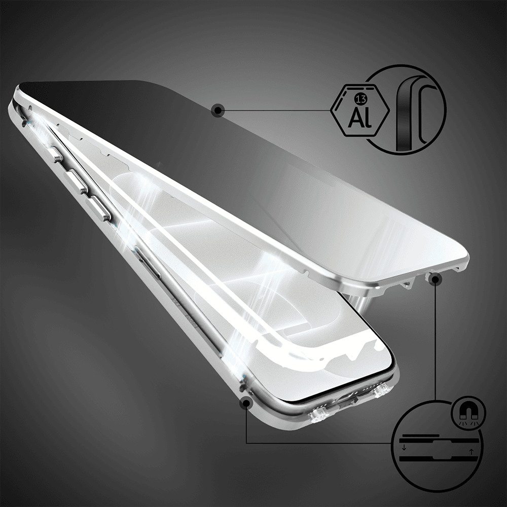 obudowa do iphone 18 pro max, podwójna szyba i aluminium 360° przód + tył magnetyczna, z osłoną aparatu i szkłem prywatyzującym, srebrna