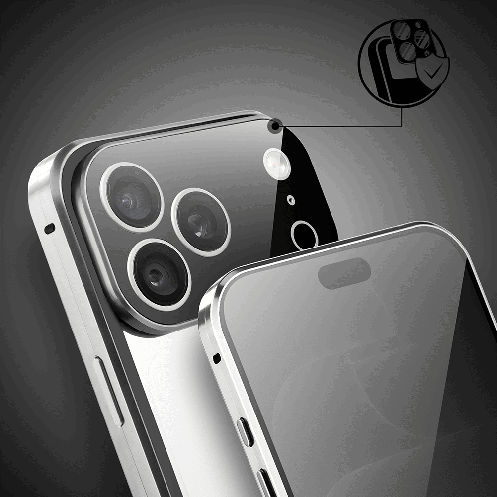 obudowa do iphone 18 pro max, podwójna szyba i aluminium 360° przód + tył magnetyczna, z osłoną aparatu i szkłem prywatyzującym, srebrna